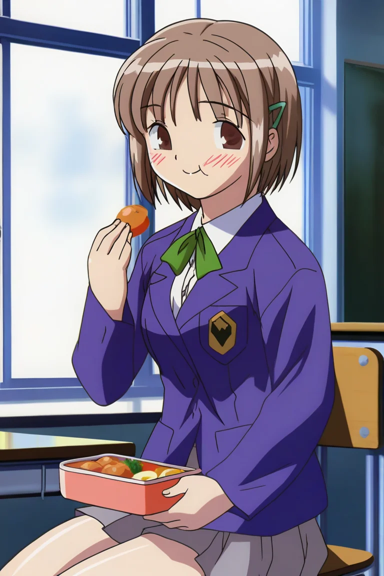 masterpiece, best quality, absurdres, highres, cinematic light, 1girl, <lora:chise:1> chise_wz, short hair, brown hair, hair ornament, brown eyes, medium breasts, neck ribbon, green ribbon, blue blazer, collared shirt, grey skirt, pleated skirt, school uniform, 2000s \(style\), eating, holding bento, smile, c:, looking at viewer, classroom, indoors, sitting, school chair, school desk, day