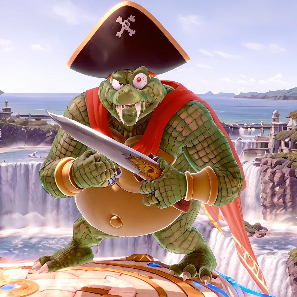 kingkroolXL,<lora:King_K_Rool_XL:.8>, red cape, pirate hat, sword, beach, (anime, masterpiece, intricate:1.3), (best quality, hires textures, high detail:1.2), (4k),(incredibly detailed:1.4),UHD, 8K, ultra detailed