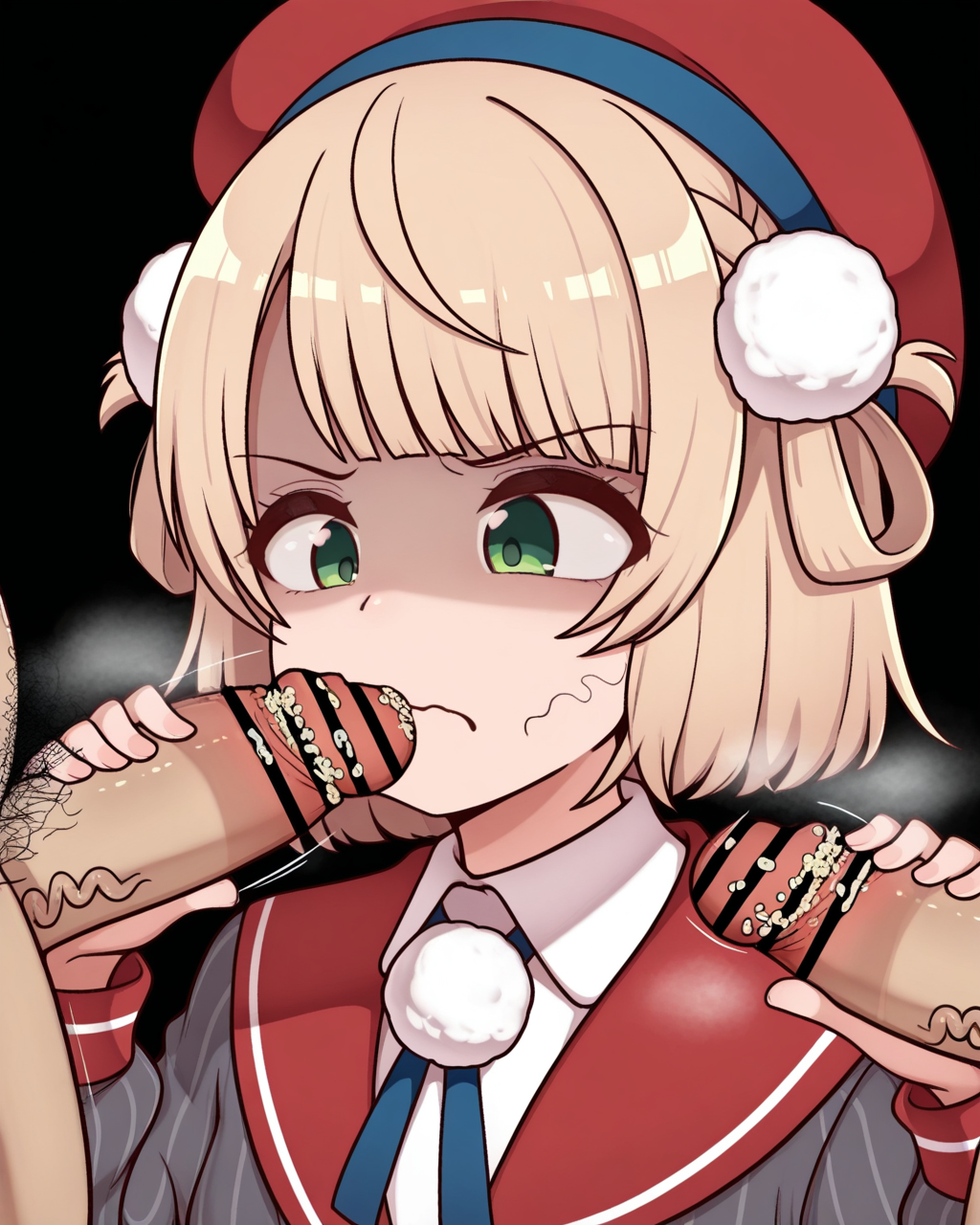 1girl, solo focus, shigure ui \(vtuber\),green eyes, blonde hair, short hair,hair rings,pom pom hair ornament,beret,grey striped jacket,red sailor collar,pom pom \(clothes\), disgust, stray pubic hair, (stray pubic hair on face:1.2), double handjob, kawaiikitty, 2boys, penis awe, (smegma, smegma on penis:1.1), group sex, looking at penis, steam, smell, steaming body, black background, simple background, masterpiece, best quality, very aesthetic, absurdres
