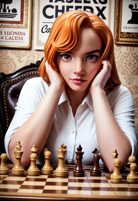 Hyper realistic detailed scene.
score 9, score 8, score 7, score 6,
xb0xc0ver, xbox360 video game cover of bethh, orange hair, on a giant chessboard, pieces , poster, (text "CHESS")
