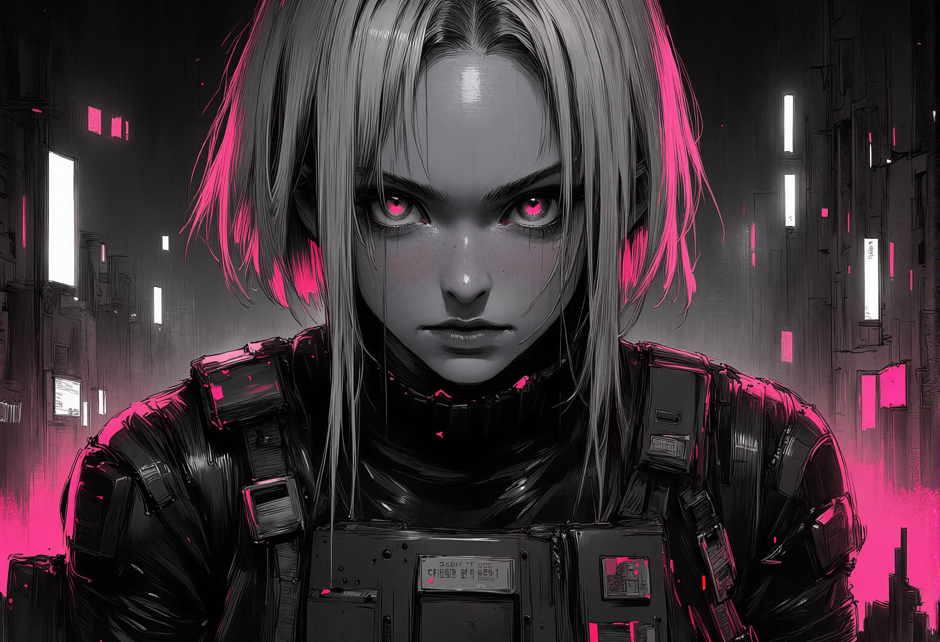 bv-anibrush, xslx scribble. A strikingly beautiful young woman in a dark, futuristic dystopian cityscape at night, her salt and pepper hair flowing slightly disheveled, blending into the shadows, while the faint glow of distant neon signs reflects off her sharp facial features. Her glowing eyes pierce through the surrounding darkness. She is dressed in sleek, futuristic techwear, featuring a tactical harness with multiple straps, pockets, and tech pouches. Her outfit is dark, with matte black fabrics contrasted by subtle neon accents and metallic details, similar to urban streetwear fused with high-tech combat gear. The ensemble includes a fitted crop top, layered with a utility belt and thigh straps, all designed for functionality and style. The city around her is defined by cold grey tones, with streaks of black, red, and magenta cutting through the dimly lit streets. The overall atmosphere is tense, with flickering street lights and the glow of embers from distant fires casting an ominous glow. The art style is intensely rough and sketch-like, with visible, bold brush strokes and strong line work, creating a raw, hand-drawn illustration effect. The colors bleed slightly, giving a dynamic, unfinished aesthetic that merges digital precision with an organic, textured finish. medium shot, her body is lying on the ground with one arm stretched forward, legs slightly bent . The camera captures her from the front . , <lora:bv-anibrush-v1-flux.safetensors:1.0:1.0> <lora:Risograph_Style_FLUX_by_Ethanar-000001.safetensors:1.0:1.0> <lora:scribble-flux-v1.safetensors:0.5:0.5>
