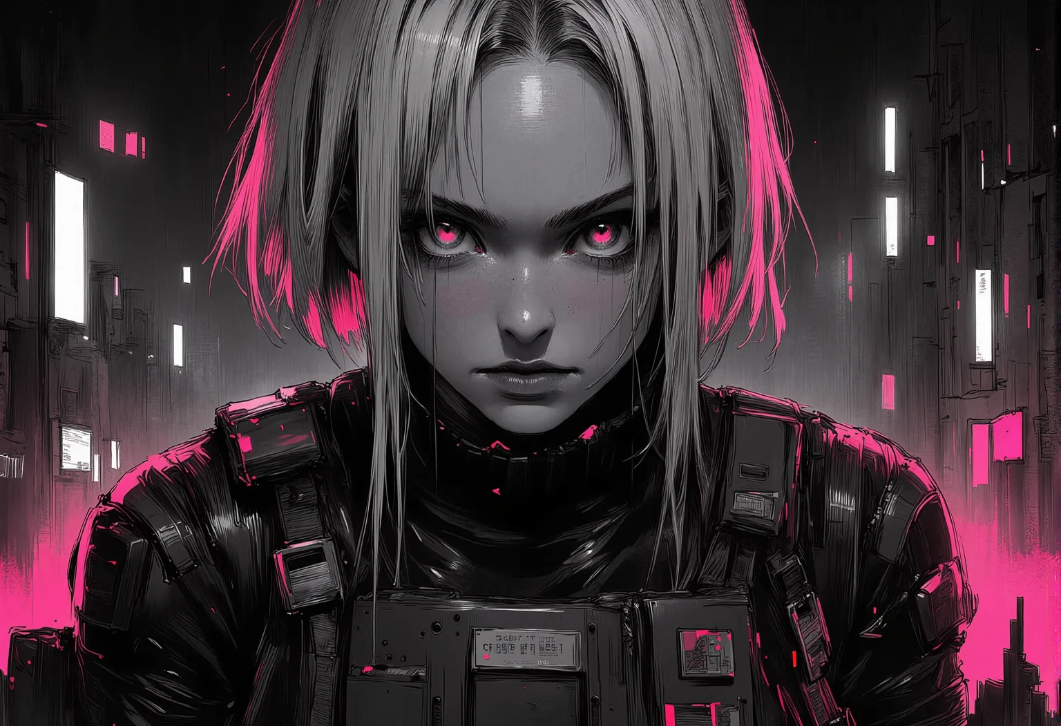 bv-anibrush, xslx scribble. A strikingly beautiful young woman in a dark, futuristic dystopian cityscape at night, her salt and pepper hair flowing slightly disheveled, blending into the shadows, while the faint glow of distant neon signs reflects off her sharp facial features. Her glowing eyes pierce through the surrounding darkness. She is dressed in sleek, futuristic techwear, featuring a tactical harness with multiple straps, pockets, and tech pouches. Her outfit is dark, with matte black fabrics contrasted by subtle neon accents and metallic details, similar to urban streetwear fused with high-tech combat gear. The ensemble includes a fitted crop top, layered with a utility belt and thigh straps, all designed for functionality and style. The city around her is defined by cold grey tones, with streaks of black, red, and magenta cutting through the dimly lit streets. The overall atmosphere is tense, with flickering street lights and the glow of embers from distant fires casting an ominous glow. The art style is intensely rough and sketch-like, with visible, bold brush strokes and strong line work, creating a raw, hand-drawn illustration effect. The colors bleed slightly, giving a dynamic, unfinished aesthetic that merges digital precision with an organic, textured finish. medium shot, her body is lying on the ground with one arm stretched forward, legs slightly bent . The camera captures her from the front . , <lora:bv-anibrush-v1-flux.safetensors:1.0:1.0> <lora:Risograph_Style_FLUX_by_Ethanar-000001.safetensors:1.0:1.0> <lora:scribble-flux-v1.safetensors:0.5:0.5>