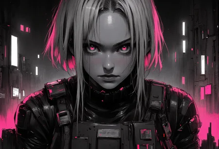 bv-anibrush, xslx scribble. A strikingly beautiful young woman in a dark, futuristic dystopian cityscape at night, her salt and pepper hair flowing slightly disheveled, blending into the shadows, while the faint glow of distant neon signs reflects off her sharp facial features. Her glowing eyes pierce through the surrounding darkness. She is dressed in sleek, futuristic techwear, featuring a tactical harness with multiple straps, pockets, and tech pouches. Her outfit is dark, with matte black fabrics contrasted by subtle neon accents and metallic details, similar to urban streetwear fused with high-tech combat gear. The ensemble includes a fitted crop top, layered with a utility belt and thigh straps, all designed for functionality and style. The city around her is defined by cold grey tones, with streaks of black, red, and magenta cutting through the dimly lit streets. The overall atmosphere is tense, with flickering street lights and the glow of embers from distant fires casting an ominous glow. The art style is intensely rough and sketch-like, with visible, bold brush strokes and strong line work, creating a raw, hand-drawn illustration effect. The colors bleed slightly, giving a dynamic, unfinished aesthetic that merges digital precision with an organic, textured finish. medium shot, her body is lying on the ground with one arm stretched forward, legs slightly bent . The camera captures her from the front . , <lora:bv-anibrush-v1-flux.safetensors:1.0:1.0> <lora:Risograph_Style_FLUX_by_Ethanar-000001.safetensors:1.0:1.0> <lora:scribble-flux-v1.safetensors:0.5:0.5>