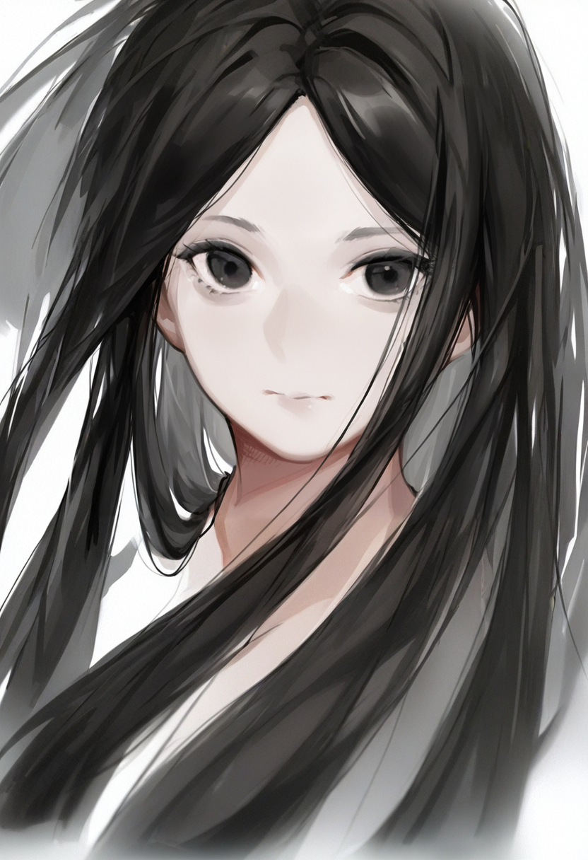 solo, long hair, black hair, white background, simple background, black eyes, closed mouth, looking at viewer, upper body, parted bangs, 1girl, bangs <lora:solaXL_NBVP1_lokr_V6311P:0.95>