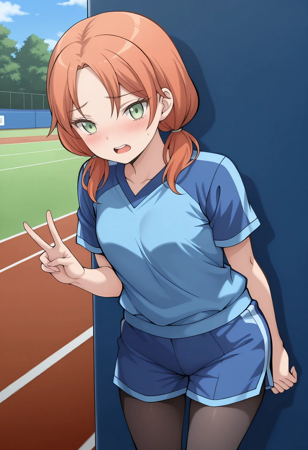<lora:Hayami_Rinka:1>,Hayami_Rinka,1girl,orange hair,green eyes,low twintails,v,shy,light_blush,upper_teeth,sportswear,blue shirt,blue shorts,black_pantyhose,masterpiece,best quality,amazing quality,very aesthetic,absurdres,newest,outdoors,
