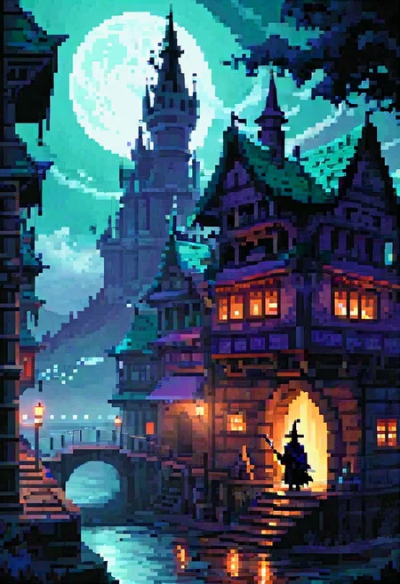 pixel-art. houtline, digital_art, (Best quality), standing, building, hat, pillar, from_behind, a wizard fighting a legendary chess boss, glowing, cape, fog, silhouette, full_body, outdoors, long_hair, night, 1boy, sky, (scenery), holding_weapon, stairs, (monster), battle, facing_away, (boss_fight:1.2), cloak, hood, long_sleeves, arch, witch_hat, lamppost, ruins, gloves, sitting, science_fiction, dark, light, reflection, full_moon, floating, witch, bridge, hitodama, holding_sword, legendary_monster, coat, night_sky, (dutch_angle), (size_difference:1.4), street_view, street, glowing_eyes, light_rays, rain, motion_blur, motion_lines, from_side, chess_(theme), tower_(theme), global illumination, radiant, chess, queen_chess_piece, Piece_monster, , boots, short_hair, railing, sign, ghost, crystal, wide_sleeves, pants, lights, skyscraper, red_eyes, walking, cloud, hooded_cloak, epic, staff, (statue), riding, creature, legs_apart, full_armor, castle, purple_lights, smoke, purple smoke, Aqua_(theme)