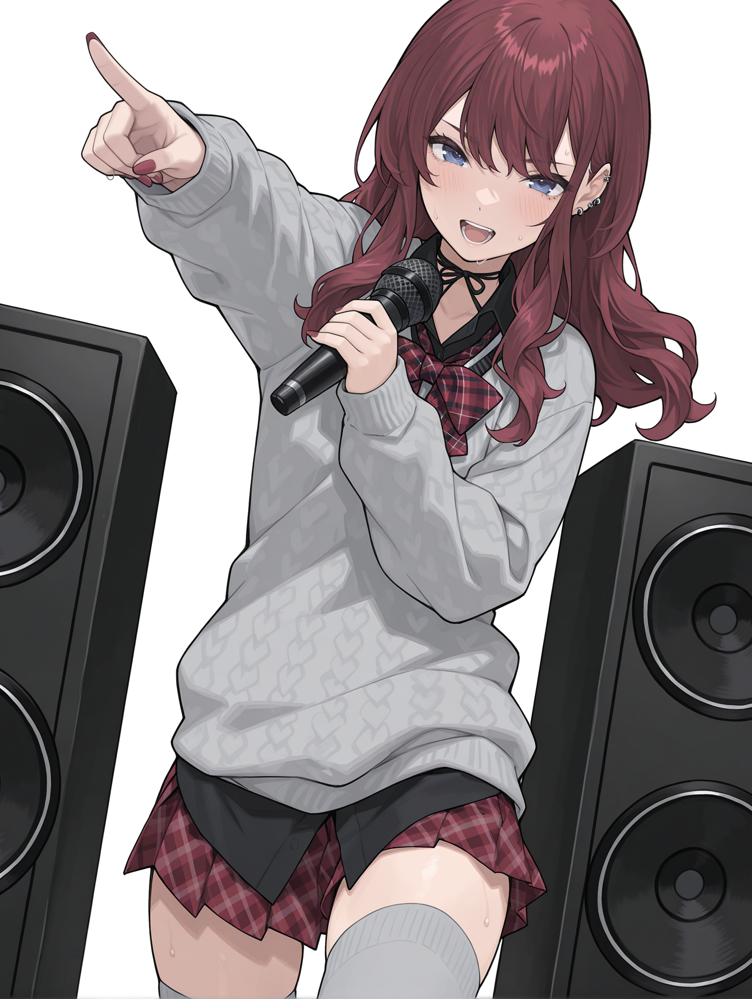 masterpiece,best quality,newest,
1girl,solo,
<lora:natsuki-karin_gs_ilxl_v1.2:0.9>,n_karin,long hair,blue eyes,piercing,red nails,
sg_clothes,grey sweater,red checked bowtie,black shirt,untucked_shirt,plaid red skirt,gray thigh high socks,
<lora:Fixhands_anime_bdsqlsz_V1:1>,knee_up,singing,dancing,light_blush,sweat,dynamic_angle,cinematic_angle,speaker,microphone,holding_microphone,serious,cowboy_shot,looking_at_viewer,reaching,pointing_at_viewer,laughing,simple_background,white background,face_focus,