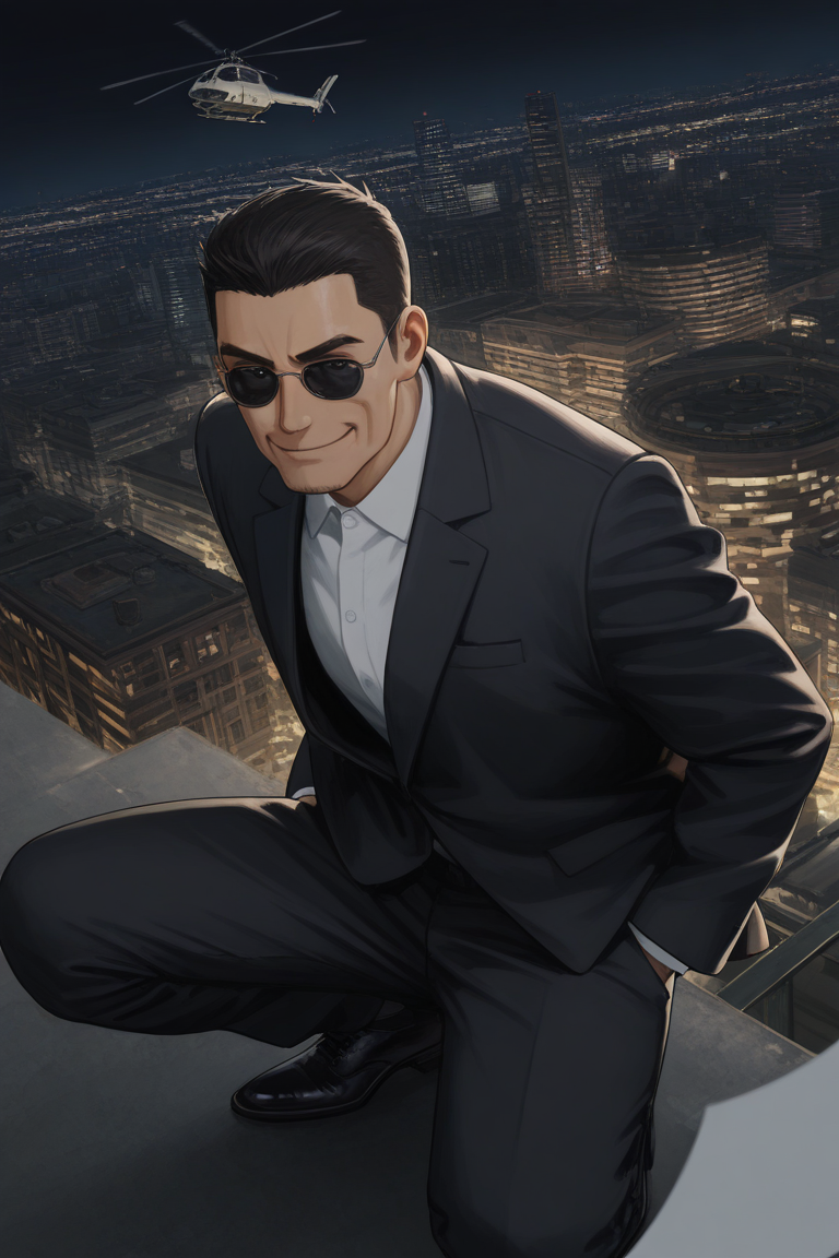 realistic shading, neon lighting, male focus, squatting, looking at viewer, floating object, floating papers, hands in pocket, expressive face, smug, minodaoi, black_minodaoi_short hair, black_minodaoi_eyes, old man, 1boy, formal attire, sunglasses, covered eyes, shiny skin, suit, pants, black footwear, outdoors, night sky, dark, white bird, helicopter, cityscape, citylights, from above, dutch angle, dynamic angle, intricately detailed illustration, depth of field, masterpiece, best quality, amazing quality, very aesthetic, absurdres, newest