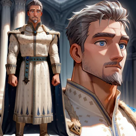 <lora:King_Magnifico:.8> KingMagnific0, short hair, gray hair, blue eyes, facial hair, mustache, mature male, muscular,, cape, white robe, blue belt, pale brown leggings,
face focus, close-up,
(very short hair, beard, bara, mature, facial hair, stubble, beard, full beard, sideburn, beard, a lot of beard, ), facial hair,male focus, muscular male, muscular male, bara, mature, bara, mature, aixiwuganda_(20222192), very awa, masterpiece, best quality, absurdres, newest, perfect quality, detailed background, intricate details,
<lora:slider_Body Type_alpha1.0_rank4_noxattn_last:3><lora:style_Anime Summer Days 2 Style SDXL_LoRA_Pony Diffusion V6 XL:.6><lora:slider_cfg_scale_boost:.7><lora:Artist6p:.55>, Artist6p, Artist04p,<lora:slider_il_brightness_slider_d1:-1><lora:slider_il_contrast_slider_d1:-1><lora:slider_DarkSlider1.2_alpha1.0_rank16_full_300steps:-.6>