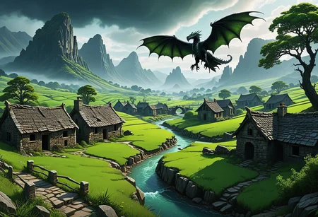 masterpiece, best quality, ultra detailed, 8k, a breathtaking panorama of a death, hidden valley nestled between eerie mountains. The valley should be filled with corrupted trees, creating a dark atmosphere in the landscape. Include a green poisoned river winding through the valley, with a ruined stonebridge spanning its width. Depict a small, rustic village in the distance, with smoke gently rising from the chimneys stone cottages. Add a sense of horror and undead, such as raven grazing peacefully and dragons soaring overhead. Ensure the overall atmosphere is horrorific, capturing the corrupted nature of the undead
