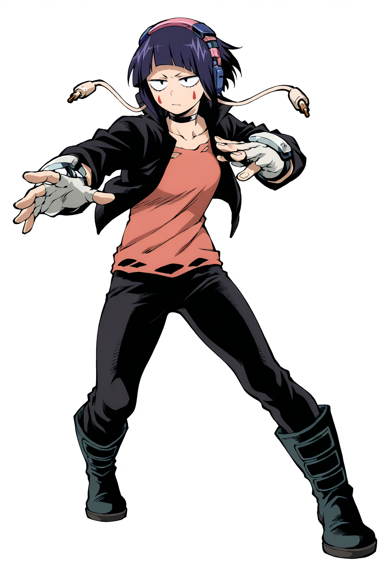 <lora:add-detail-xl:1>,masterpiece,best quality,absurdres,highres,detailed eyes,beautiful,detailed background,perfect eyes,realistic,
1girl,solo,full body,dynamic pose,white background,simple background,good hands,perfect hands,
<lora:jiro_kyoka:1>,jiro_kyoka,jirou kyouka,gloves,1girl,jacket,boots,fingerless gloves,shirt,black jacket,black pants,headphones,short hair,pants,facial mark,long earlobes,bangs,red shirt,white gloves,blunt bangs,choker,black eyes,purple hair,torn shirt,open clothes,open jacket,blue hair,torn clothes,grey gloves,collarbone,facepaint,sanpaku,black footwear,facial tattoo,black hair,long sleeves,