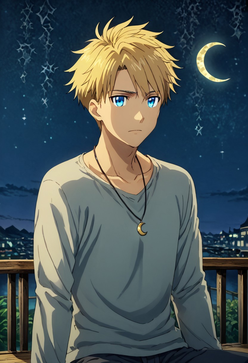 high resolution, solo, best quality, 1Boy, Yamato Ishida, Blonde Hair, Blue Eyes, Necklace, Sitting on a crescent moon, dreamy look, night sky background.,