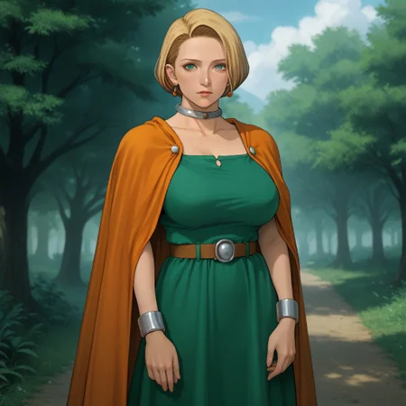 m1lfy5tyl3v1, score_9, score_8_up, score_8, (source_anime), (solo:1.3), (Bianca/(dragon_quest_V/)), (Bianca_Whitaker), (bianca_(dq5)), green dress, orange cape, wrist bands, belt, choker, outdoors, sunny, blushing, busty, curvy, milf, skinny,