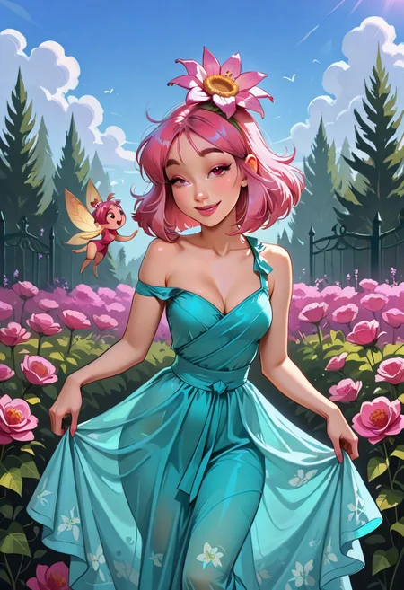 MulanXLP, 1girl, solo, POH-Illu, flowers, hair flowers, hair ornament,
fae, fairy, playful, sexy, teasing, dancing, in a garden, sunshine, puffy clouds, hazy sunshine,
slender,
intricate sundress, festival dress,
slender hips, tiny waist,
strap slip, cleavage, small breasts,
masterpiece, best quality, newest, absurdres, highres, very awa
