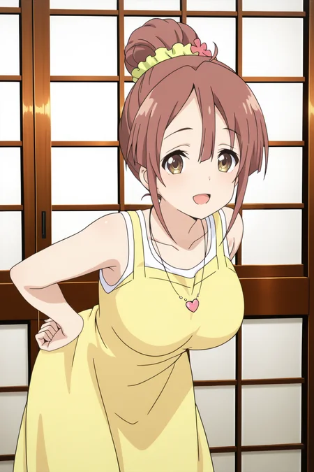 anime screenshot, 1girl, solo, shinomiya shiori, brown hair, single hair bun, yellow scrunchie, hair scrunchie, hair flower, brown eyes, large breasts, yellow dress, sleeveless, sleeveless dress, white tank top, collarbone, heart necklace, looking at viewer, smile, open mouth, leaning forward, hands on own hip, cowboy shot, indoors, masterpiece, best quality, high quality, highres, absurdres, <lora:shinomiya_shiori_ILXL:0.9>