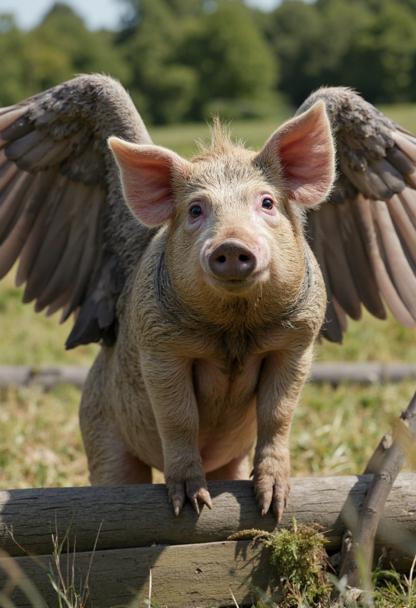 professional photography of a pig with long grey wings spread, standing with front legs on a wooden fence, with detailed skin feathers and hair, dirty and muddy. Sunny day on idyllic english farm, photorealistic, detailed, style of national geographic <lora:dark_cinematic_flux_1_0:1>