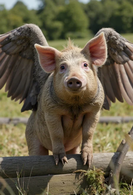 professional photography of a pig with long grey wings spread, standing with front legs on a wooden fence, with detailed skin feathers and hair, dirty and muddy. Sunny day on idyllic english farm, photorealistic, detailed, style of national geographic <lora:dark_cinematic_flux_1_0:1>