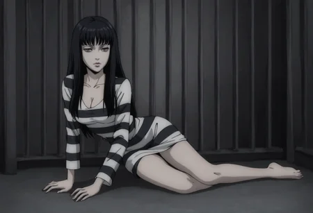tomietomie, solo, alone, long hair, black hair, grey eyes, prison clothes, high quality, full body, tight clothes, empty room, cleavage