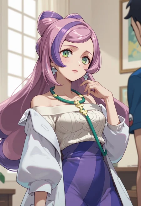 score_9, score_8_up, score_7_up, anime screencap, ,miriam_pokemon, long_hair, purple_hair, pink_hair, multicolored_hair, green_eyes