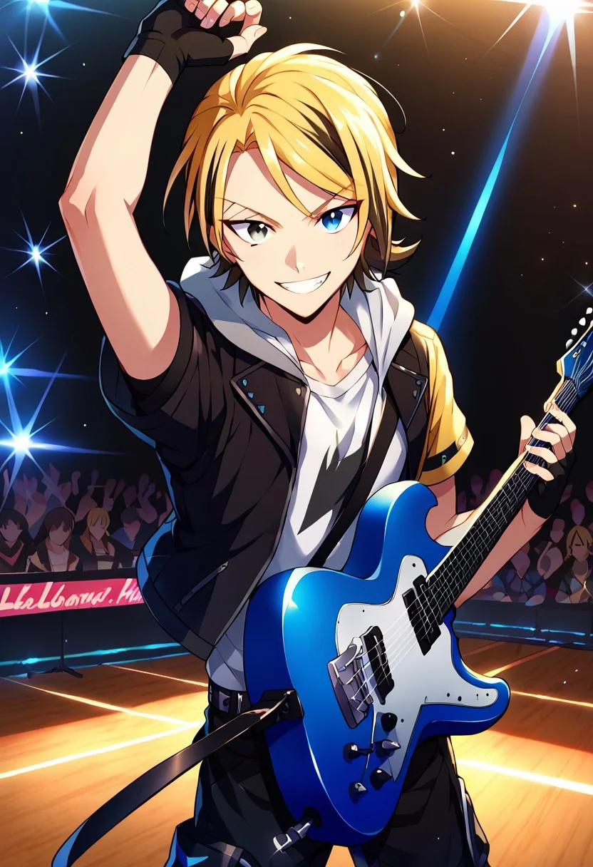 score_9, score_8_up, score_7_up, source_anime, highly detailed, 
leonard, instrument, guitar, gloves, solo, fingerless gloves, blonde hair, smile, holding instrument, jacket blue eyes holding, black gloves, black jacket, electric guitar, grin, looking at viewer, short hair, arm up, pants, black pants, standing, short sleeves, 1boy, male focus, plectrum, shirt, belt, knee boots, short pants, black hair, two-tone hair, heterochromia, blue eye, grey eye, hood, upper body,
indoor, stage