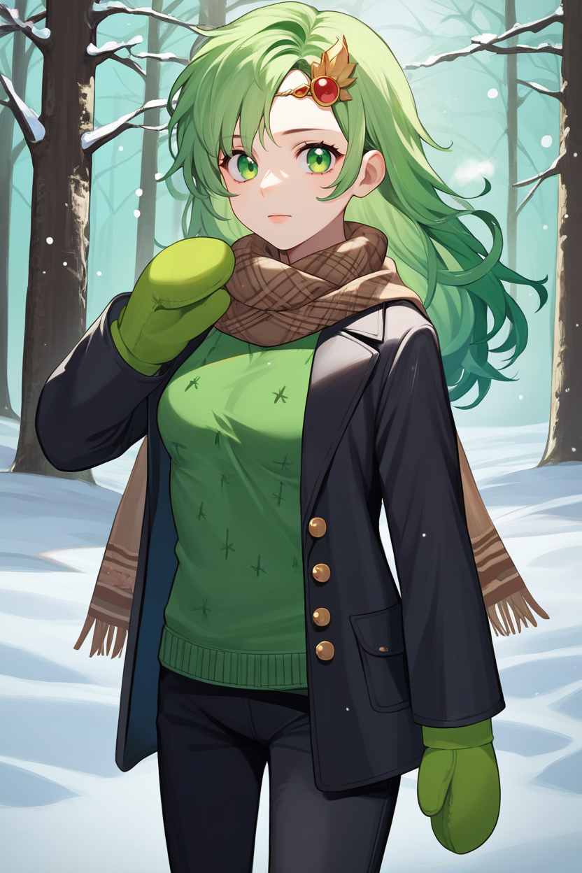 score_9, score_8_up, score_7_up, source_anime BREAK 1girl, solo, <lora:rydia-pdxl-nvwls-v1:1> rydia, long hair, green hair, green eyes, circlet, hair ornament, black coat, brown scarf, green sweater, black pants, winter, snow, forest, looking at viewer, mittens