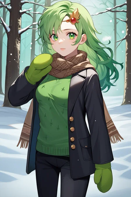 score_9, score_8_up, score_7_up, source_anime BREAK 1girl, solo, <lora:rydia-pdxl-nvwls-v1:1> rydia, long hair, green hair, green eyes, circlet, hair ornament, black coat, brown scarf, green sweater, black pants, winter, snow, forest, looking at viewer, mittens