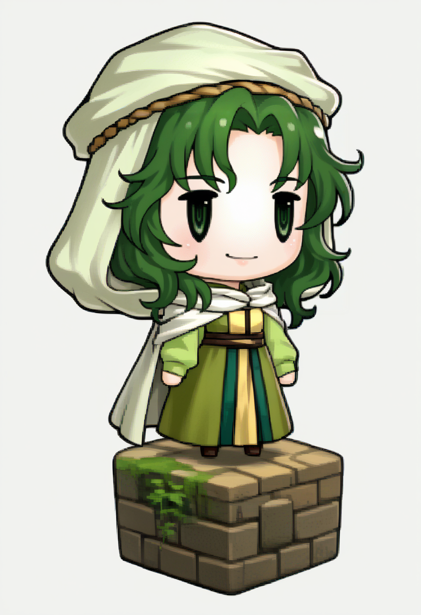 score_9, score_8_up, score_7_up, source_anime, 1girl, solo, smile
<lora:zs_PictlogicaStyleXL:1> ffpictlogicastyle, chibi, full body, faux figurine, white background
<lora:fesafy-pdxl-nvwls-v1:1> safy, green hair, long hair, green eyes, hood, white cloak, green dress, long dress
