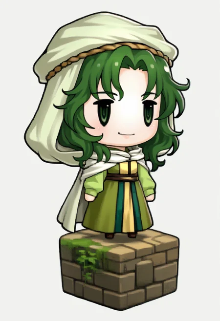 score_9, score_8_up, score_7_up, source_anime, 1girl, solo, smile
<lora:zs_PictlogicaStyleXL:1> ffpictlogicastyle, chibi, full body, faux figurine, white background
<lora:fesafy-pdxl-nvwls-v1:1> safy, green hair, long hair, green eyes, hood, white cloak, green dress, long dress
