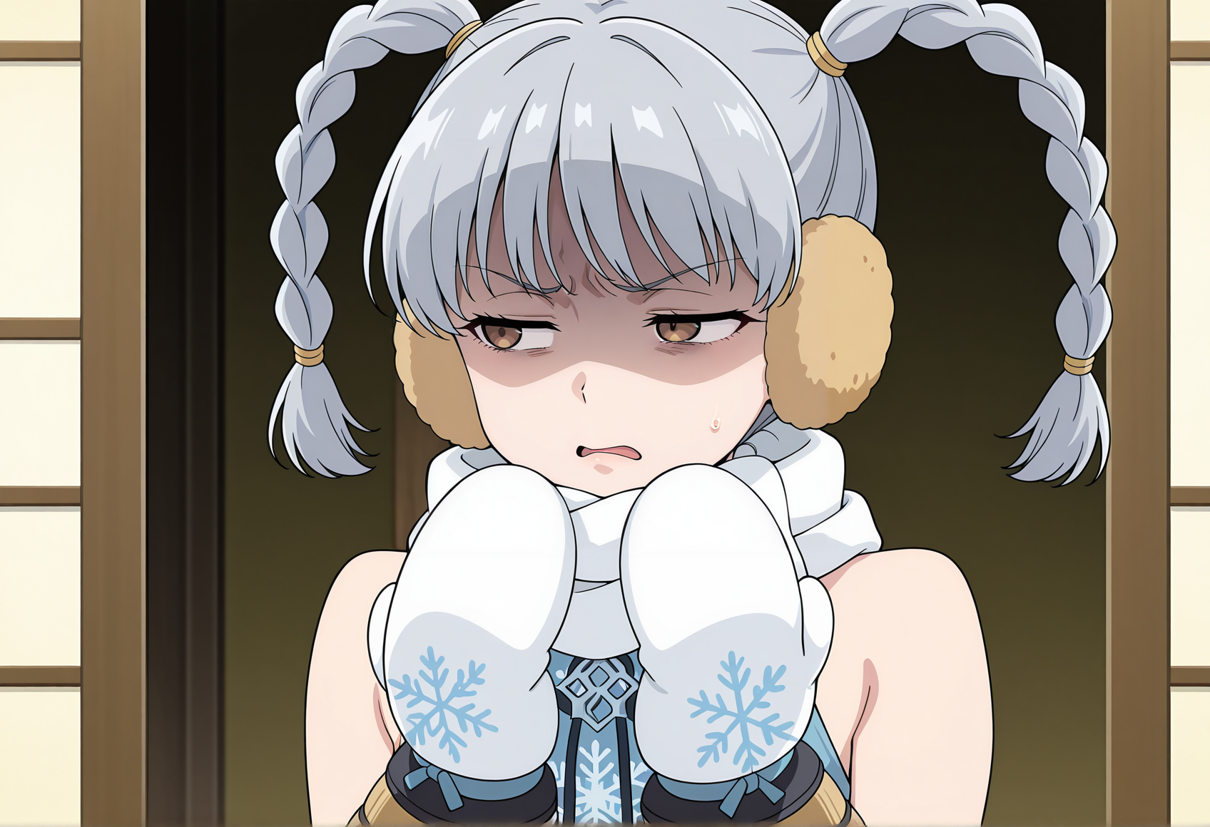 anime screenshot, anime screencap, anime coloring, 1girl, grey hair, brown eyes, twin braids, earmuffs, scarf, dudou, sleeveless, japanese armor, arm warmers, mittens, snowflake print, upper body, disgust, dango, half-closed eyes, looking to the side, <lora:Itsuki_Devil_Kings:1>, masterpiece, best quality, amazing quality, very aesthetic, absurdres, highres, newest
