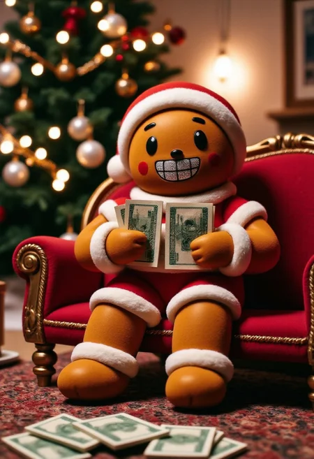 Gr!llz, a gingerbread man sitting on a miniature couch counting money