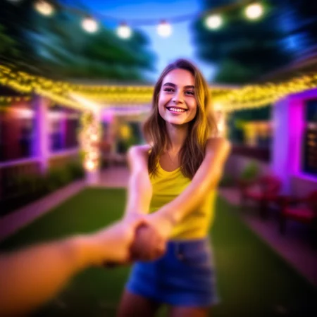 povdanc girl in garden holding hands in nigcht club bokeh background in motion<lora:povdanc:1>