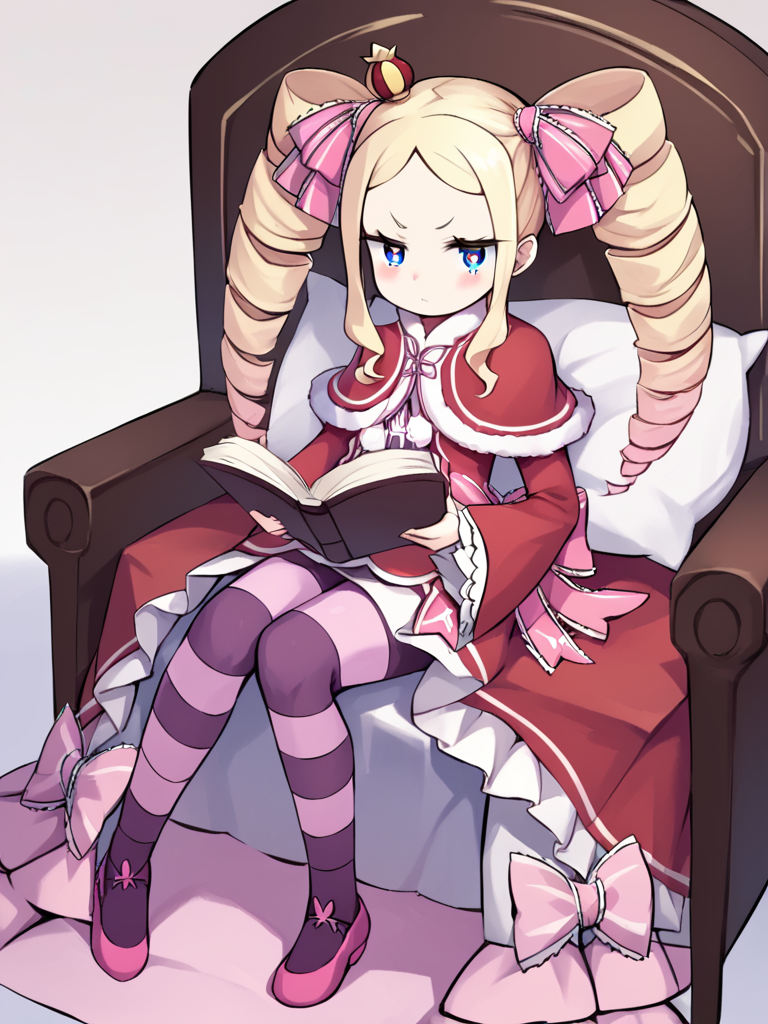 score_9,score_8_up,score_7_up,<lora:beatrice_(re_zero):1>,bad_pixiv_id, closed_mouth, striped_pantyhose, photoshop_\(medium\), frilled_dress, v-shaped_eyebrows, mini_crown, frilled_sleeves, bad_id, blush, commentary_request, beatrice_\(re:zero\), 1girl, bow, holding_book, hair_ribbon, sidelocks, twin_drills, fur_trim, striped_clothes, looking_at_viewer, legs_up, solo, reading, sitting, capelet, pillow, :<, white_background, shoes