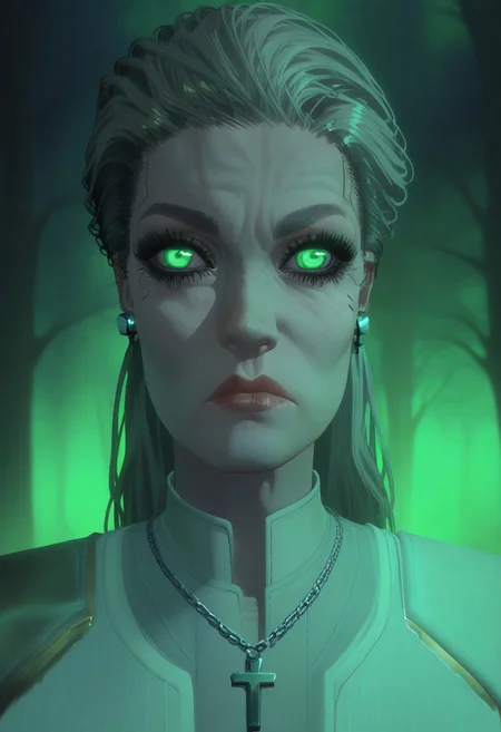 score_9, score_8_up, score_7_up,
GLSHS, a girl with long hair and glowing green eyes in a forest with trees, green theme, long eyelashes, cross necklace, straight hair, bangs, black dress, ear piercing, cross earrings,Rosalind Myers