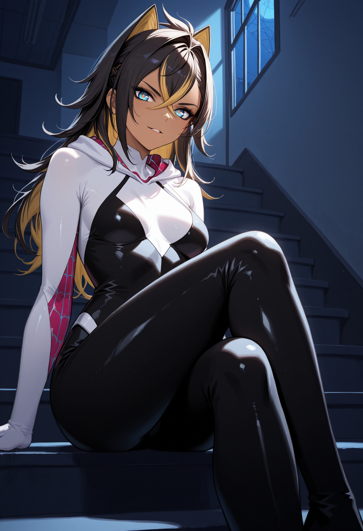 masterpiece, best quality, 1girl, solo, d3hya, dark-skinned female, long hair, streaked hair, black hair, blonde hair, hair between eyes, crossed bangs, hair intakes, hooded bodysuit, spider web print, bodysuit, hood, gwenstacy, stairs, indoors, stairwell, dark, night, shadow, sitting, crossed legs, blue eyes, yellow pupils, hair ears, pointy hair, looking at viewer, v-shaped eyebrows, parted lips, light smile