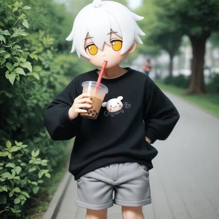 score_9_up, score_8_up, score_7_up, fumo, fumos, plushie, cute, toys, dolls, toy, fumo style, Fumo plush doll, fumo \(doll\), white hair, yellow eyes, park, holding, bubble tea, black sweater, gray shorts, 1boy, solo