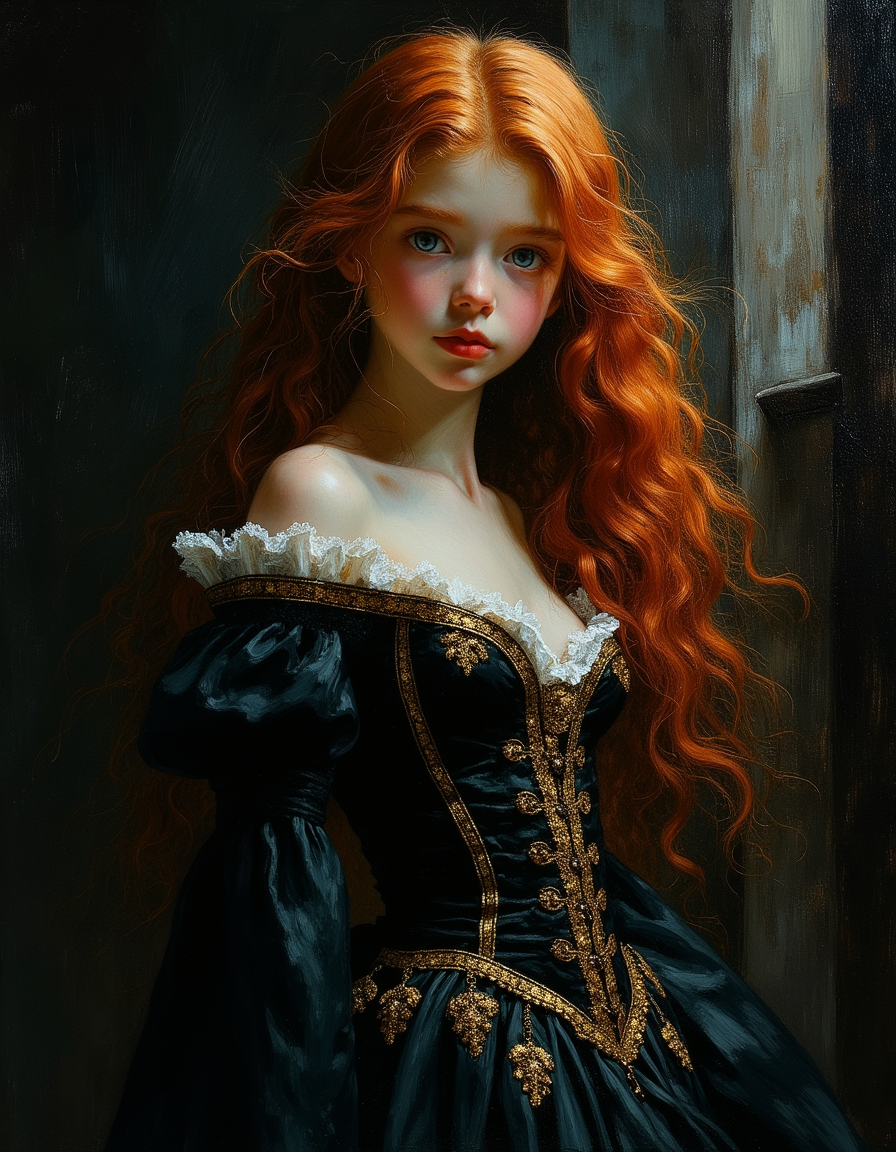 masterpiece, high quality, Oil Painting, an ethereal teen girl wearing an ornate black and gold corseted Victorian dress by Albert Lynch, Abbott Handerson Thayer, highly detail, best quality, innocent, white skin, pale skin, glowing blue eyes, long flowing red hair, petite body, stepping out of a door into a nebula, stepping out of the darkness, ultra detailed, romantic, focus on the girl, shadow and light, Masterpiece, intricate lines, intriguing atmosphere, sharp magnificent details, delicate features, elaborate details, (2\3 rule composition:0.5), ultra detailed, romantic, Rembrandt lighting, brush strokes,  del1cate_balance style, in the style of Rembrandt. vantablack <lora:style_of_Rembrandt_FLUX_135:.8> <lora:- Flux1 - vanta_black_V2.0:.8> <lora:Delicate_Balance:.3> <lora:neeeg_f1:-1>
