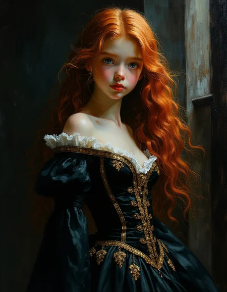 masterpiece, high quality, Oil Painting, an ethereal teen girl wearing an ornate black and gold corseted Victorian dress by Albert Lynch, Abbott Handerson Thayer, highly detail, best quality, innocent, white skin, pale skin, glowing blue eyes, long flowing red hair, petite body, stepping out of a door into a nebula, stepping out of the darkness, ultra detailed, romantic, focus on the girl, shadow and light, Masterpiece, intricate lines, intriguing atmosphere, sharp magnificent details, delicate features, elaborate details, (2\3 rule composition:0.5), ultra detailed, romantic, Rembrandt lighting, brush strokes, del1cate_balance style, in the style of Rembrandt. vantablack <lora:style_of_Rembrandt_FLUX_135:.8> <lora:- Flux1 - vanta_black_V2.0:.8> <lora:Delicate_Balance:.3> <lora:neeeg_f1:-1>