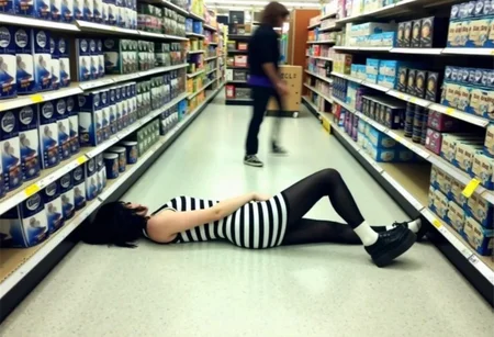 Low-resolution photo, shot on a mobile phone, visible noise and grain, no heavy flashlight, slightly blurry. An aisle in a grocery store, filled with paper products like toilet paper and napkins, neat rows, overhead fluorescent lighting. Center of the aisle, young woman, early 20s, goth , lying face down on the floor, black and white striped dress, black tights, black platform sneakers with white socks, dark hair in a messy style, minimal visible makeup. Her position appears relaxed as if she fainted, background shows more store aisles with various products, another person vaguely visible in the distance., 