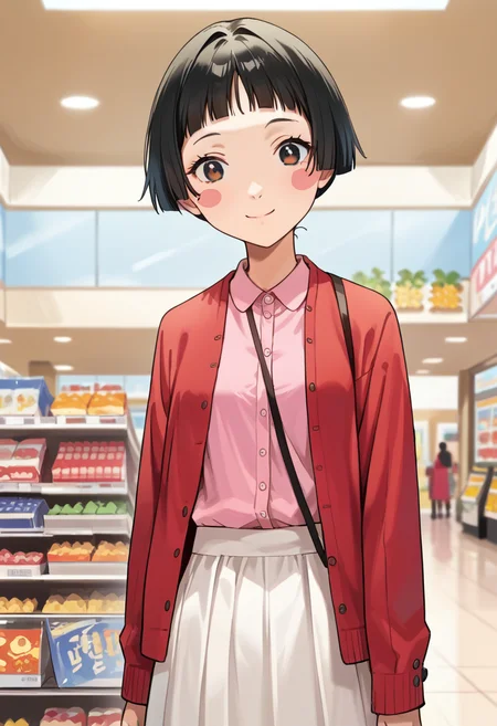 score_9, score_8_up, score_7_up, (source_anime), 1 girl, solo, cute face,
p4ayane, short hair, blunt bangs, black hair, blush stickers,
pink shirt, red cardigan, white skirt
looking at you, smile,
shopping mall,
masterpiece, best quality, ultra detailed, absurdres, very aesthetic