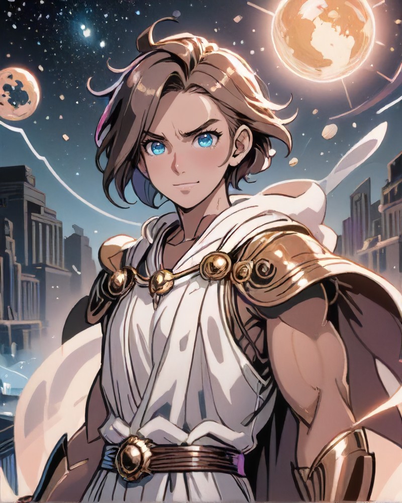 comic style, Quantum 1boy, man, natural colored eyes, Sleek bob with a blunt cut hairstyle, dynamic pose, determined expression, <lora:EnvyDramaticPortraitXL02:0.7> , BREAK Style-GravityMagic, portrait, looking at viewer, solo,  upper body, detailed face, (<lora:CelestialPunkAI:0.6> celestialpunkai, theme:1.1) <lora:MagicAIv4:0.6>, GlowingRunesAI_palebluedemigod, soft smile,   white robe,  bronze accessories, greek mythology, height of greek civilization, Thebes, athenian,  amphitheater, bronze age, (flourishing civilization:1.1), ancient temple, mediterranean landscape, ancient city from above in background,  night, darkness, stars,  majestic atmosphere,