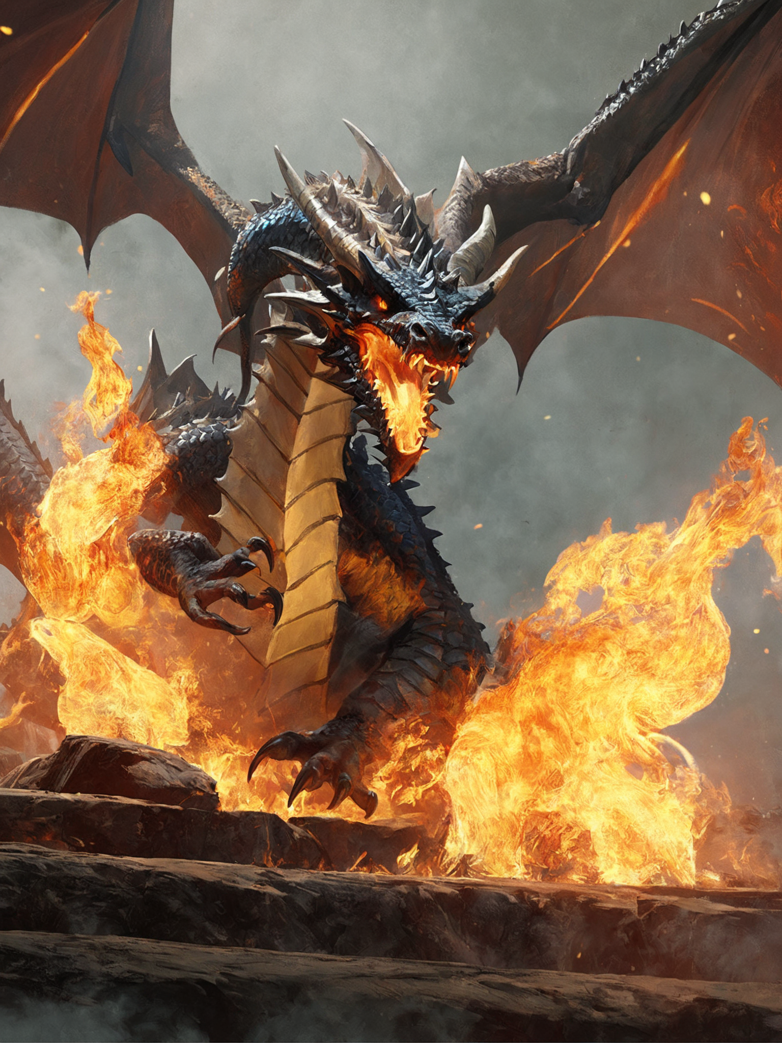 masterpiece, best quality, greg rutkowski, 

fire, no humans, open mouth, wings, dragon, sharp teeth, teeth, tail, solo, breathing fire, horns, monster, claws, smoke

, very detailed, high resolution, sharp, sharp image, 4k, 8k,