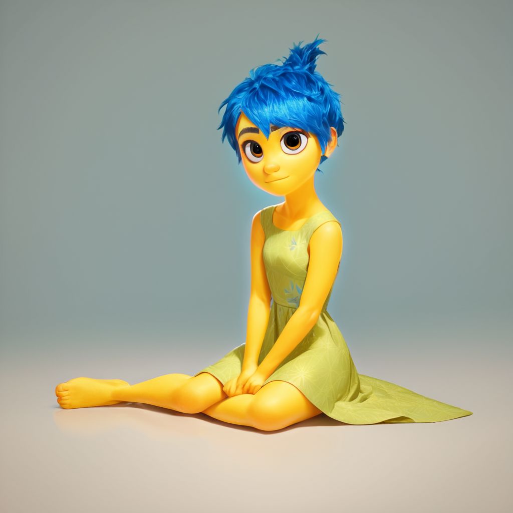 score_9, score_8_up, score_7_up, score_6_up, score_5_up, score_4_up, rating_questionable, JoyEmotion, glowing, 1girl, sitting on the floor, looking at viewer, blue hair, yellow skin, dress, simple background