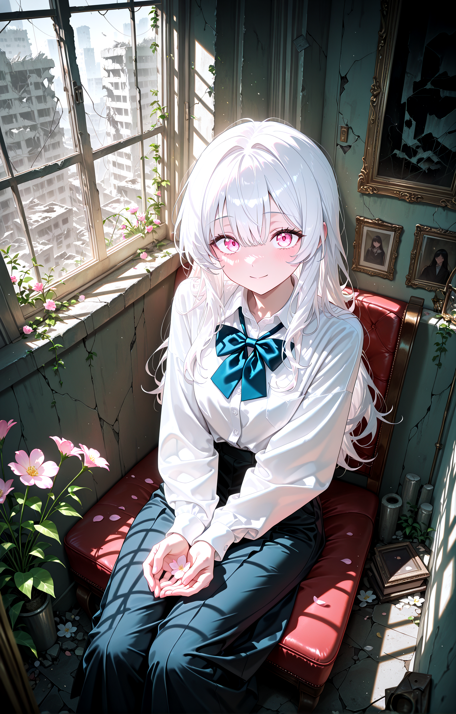 masterpiece, best quality, amazing quality, very aesthetic, absurdres,  newest,
indoors,flower,ruins,small_window,
1girl,long hair,facelight,shirt,bowtie white hair , pink eyes,
sitting dutch angle, (close-up:1.2) from above 
looking_at_viewer,closed_eyes,v arms open_hands,cupping_hands
{{best_quality}},{{amazing_quality,very_aesthetic}},
masterpiece, best quality, amazing quality, very aesthetic, absurdres,  newest, volumetric lighting,<lora:spo_sdxl_10ep_4k-data_lora_webui:1>  <lora:KonyaKarasue-Lokr-NOOBEPS110:1>  <lora:VenetianLightingILL:1>light_smile <lora:il_color_temp_slider_d1:0.25>