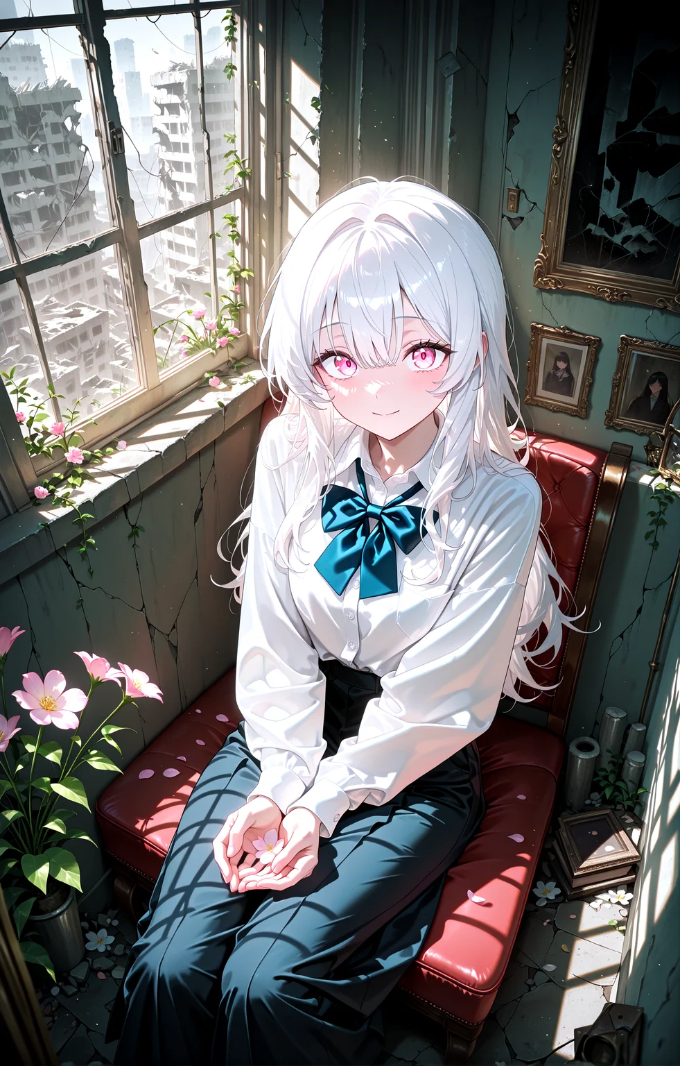 masterpiece, best quality, amazing quality, very aesthetic, absurdres, newest,
indoors,flower,ruins,small_window,
1girl,long hair,facelight,shirt,bowtie white hair , pink eyes,
sitting dutch angle, (close-up:1.2) from above
looking_at_viewer,closed_eyes,v arms open_hands,cupping_hands
{{best_quality}},{{amazing_quality,very_aesthetic}},
masterpiece, best quality, amazing quality, very aesthetic, absurdres, newest, volumetric lighting,<lora:spo_sdxl_10ep_4k-data_lora_webui:1> <lora:KonyaKarasue-Lokr-NOOBEPS110:1> <lora:VenetianLightingILL:1>light_smile <lora:il_color_temp_slider_d1:0.25>