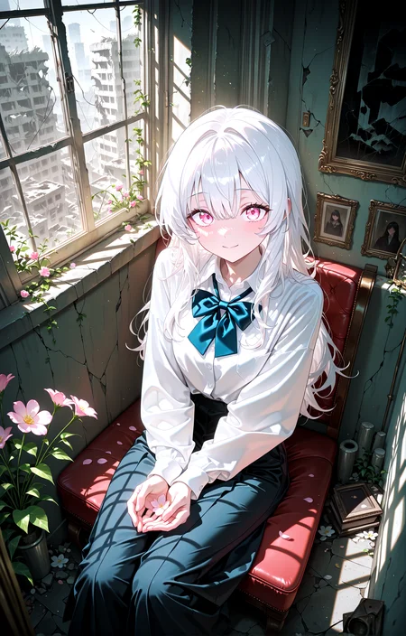 masterpiece, best quality, amazing quality, very aesthetic, absurdres, newest,
indoors,flower,ruins,small_window,
1girl,long hair,facelight,shirt,bowtie white hair , pink eyes,
sitting dutch angle, (close-up:1.2) from above
looking_at_viewer,closed_eyes,v arms open_hands,cupping_hands
{{best_quality}},{{amazing_quality,very_aesthetic}},
masterpiece, best quality, amazing quality, very aesthetic, absurdres, newest, volumetric lighting,<lora:spo_sdxl_10ep_4k-data_lora_webui:1> <lora:KonyaKarasue-Lokr-NOOBEPS110:1> <lora:VenetianLightingILL:1>light_smile <lora:il_color_temp_slider_d1:0.25>
