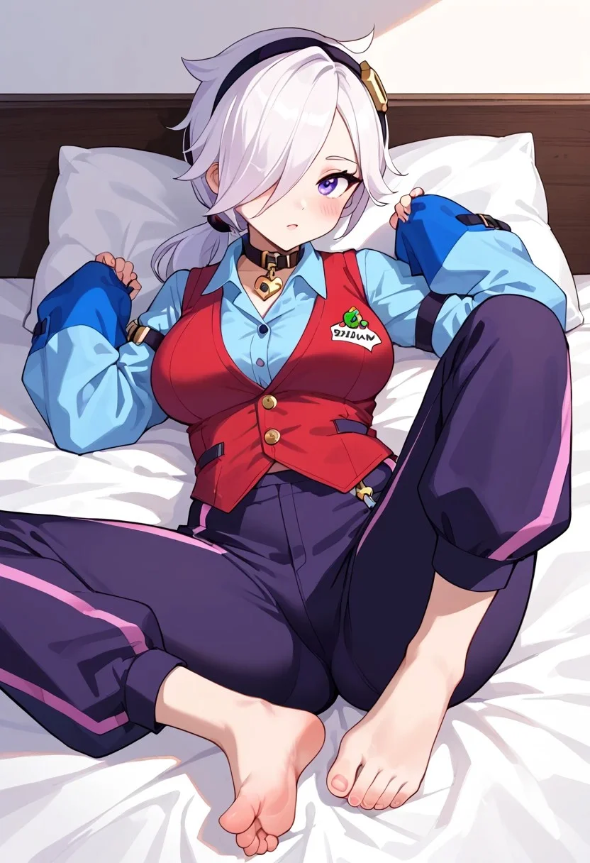 score_9, score_8_up, score_7_up,source_anime,
,bscolette , 1 girl , white hair, , ponytail, collar , red vest , blue shirt , long sleeves, purple pants, hair over one eye, hairband, sleeves past fingers,
,look at viewer, big ass, big breast, spread legs, bed, blush, close up, spread legs, feet focus, toes, close up feets, foots