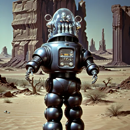 Robbie_FP50, 16k, movie still, ((cinematic)), full body standing robot, science fiction, realistic, (intricate details:1.1), retro artstyle, futuristic sci-fi desert background, helmet, (extremely detailed:1.3), Forbidden Planet, metal spheres legs, <lora:Robbie_FP50_XL:1> Robbie_FP50