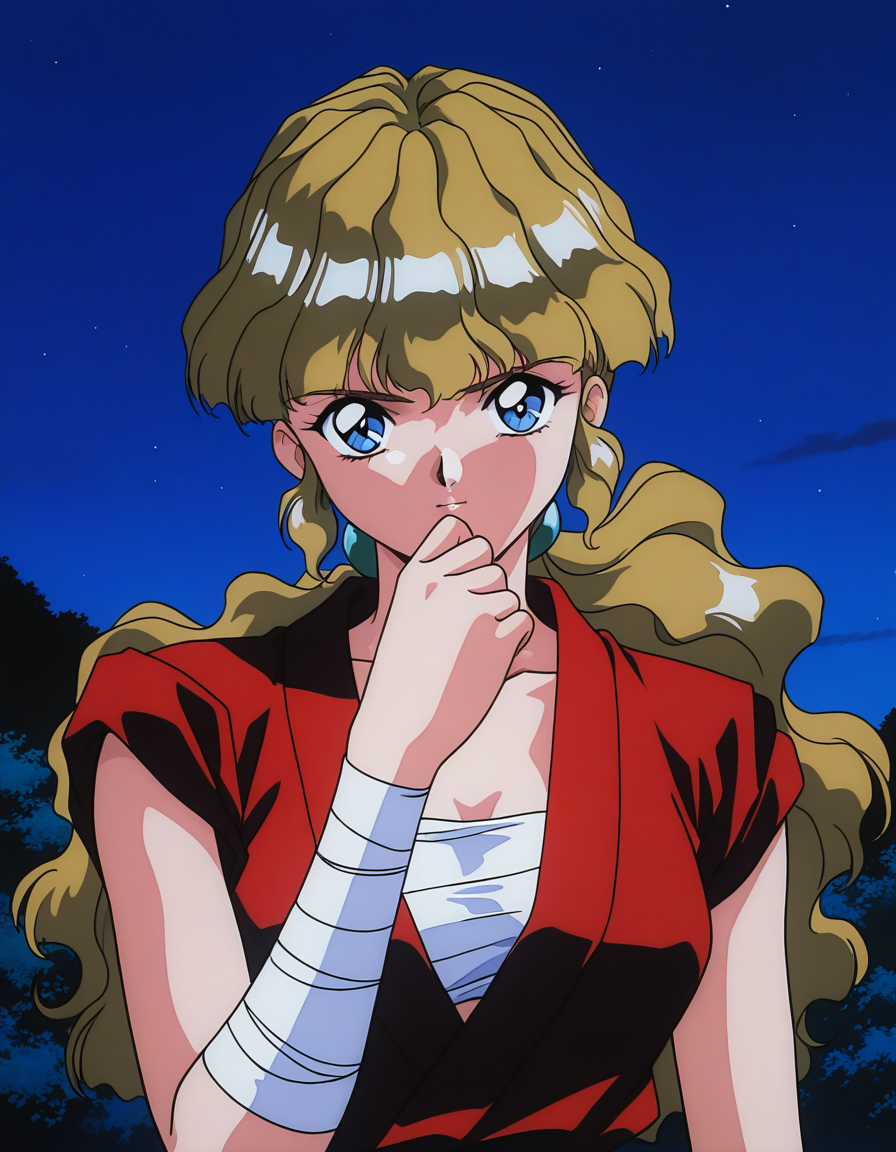 general,highres, ultra-detailed,very aesthetic,best quality ,best hands,  BREAK <lora:Kai_Fubuki_IS:1>Kai_Fubuki, 1girl,solo,long hair, blonde hair, blue eyes, wavy hair, ponytail, bangs, medium breasts, 1990s (style), anime coloring, 
ninja, sky, night, upper body, mask, outdoors, looking at viewer, hood, bandages