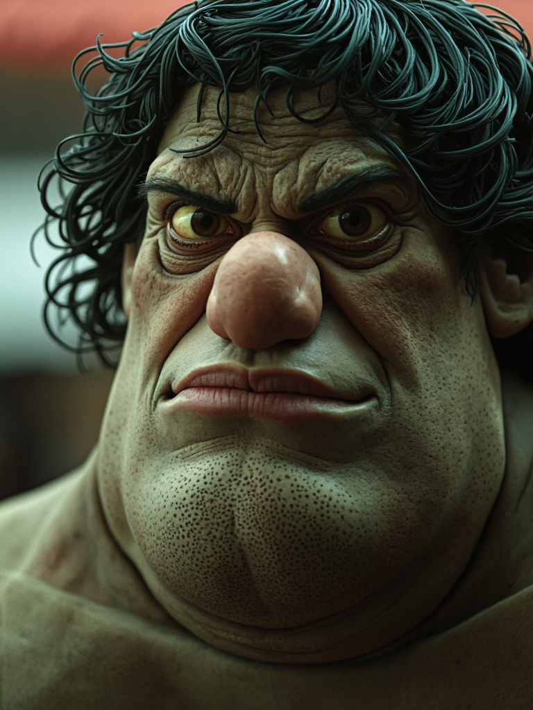Surreal cinematic photograph. Candid portrait of a She-Hulk man with a large bulbous nose and exaggerated features. Shot on 35mm analog film. Subtle film grain. Natural and soft lightning, blurred bokeh background. Detailed skin texture. d0nm4rt1n. Photo in the style of Don Martin
