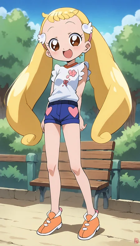 anime artwork of score 9,score_8_up,score_7_up,source_anime,masterpiece,best quality,(parody:1),(official art:0.5),
BREAK
(makihatayama hana:1),1girl,twintails,blonde hair,brown eyes,ornament,hairband,solo,
BREAK
(hanacos01:1),white print shirt,blue short shorts,orange shoes,
BREAK
smile,outdoors,
<lora:hana_makihatayama_xl_for_pony_xl_v01>,